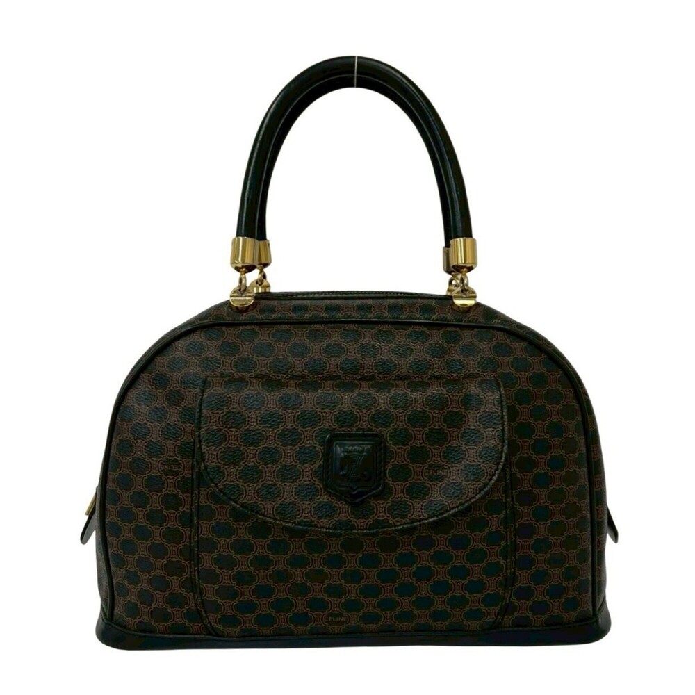 CELINE Vintage Macadam Blazon Logo Pattern Leather Handbag Mini Boston Bag Br...